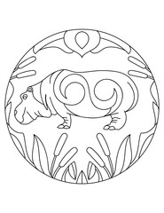 Hippo pattern. Illustration of hippopotamus. Mandala with an animal.  Hippo in a circular frame. Coloring page for kids and adults.