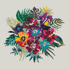 Vector composition with tropical plants and flowers and hand painted texture