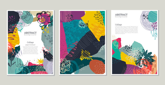 Vector collection of trendy creative cards with cut paper, floral elements and different textures.
