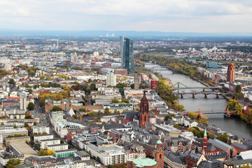 Panoramic view from observation point from Main Tower to Frankfurt and suburbans, Germany	