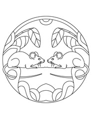 Pattern with a mouse. Illustration with a mouses. Mandala with an animal. Mouse in a circular frame. Coloring page for kids and adults.