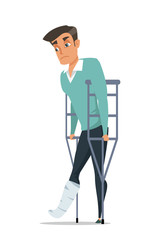 Sad man with broken leg flat vector illustration