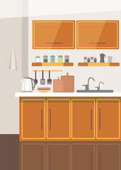 Wooden kitchen corner flat vector illustration