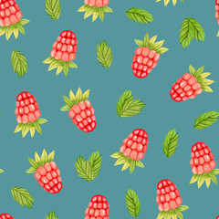 Watercolor seamless pattern -raspberries,  leaves.