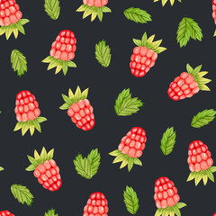 Watercolor seamless pattern -raspberries,  leaves.