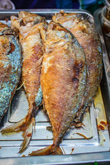 Fried mackerel at market's street in Thailand.