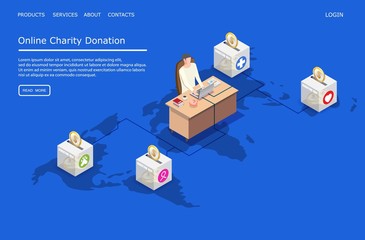 Online charity donation vector website landing page design template