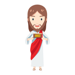 Cute Jesus is holding a birthday cake. Isolated Vector Illustration