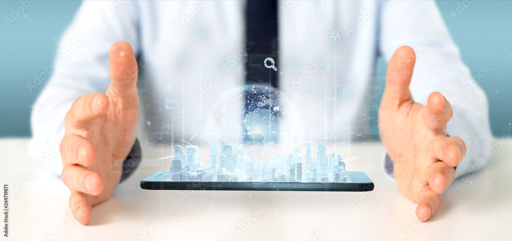 Aufkleber businessman holding smart city user interface with icon, stats and data 3d rendering
