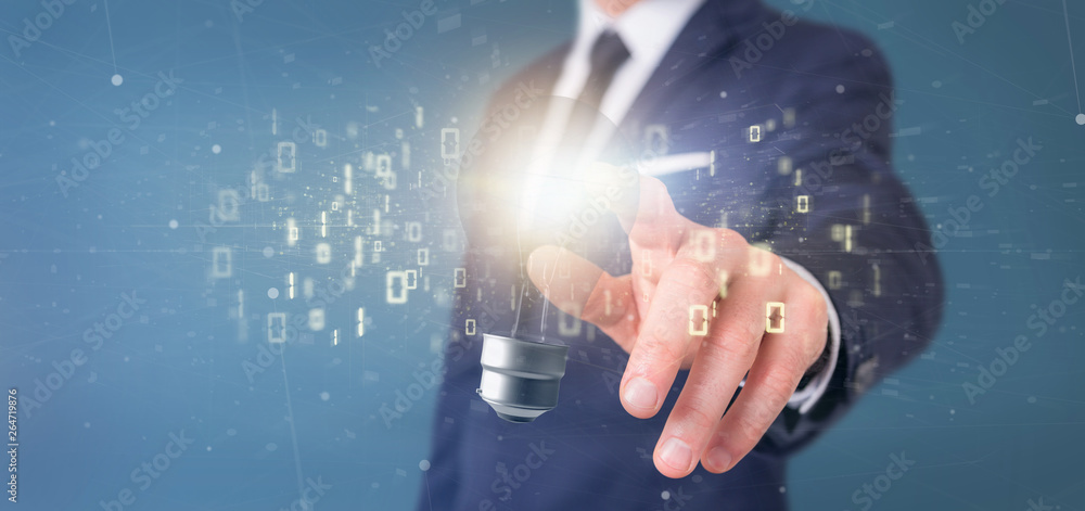 Poster businessman holding a bulb lamp idea concept with data all around 3d rendering