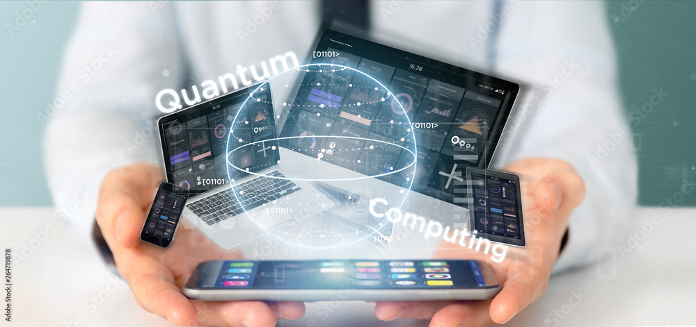 Poster businessman holding quantum computing concept with qubit and devices 3d rendering
