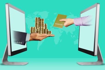 modern concept, two hands from displays. pile of coins and passport. 3d illustration