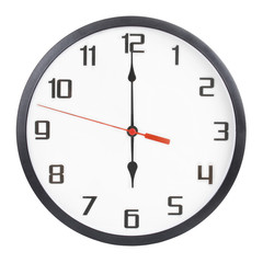 Wall clock isolated on white background. 6 p.m. or 6 a.m.