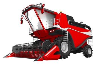 Naklejka premium industrial 3D illustration of large modern red wheat combine harvester front view isolated on white