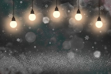 Fototapeta na wymiar beautiful brilliant glitter lights defocused bokeh abstract background with light bulbs and falling snow flakes fly, festive mockup texture with blank space for your content