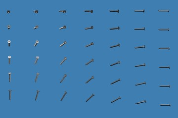 big amount of grey, metallic external screws rotated by different angles isolated on blue - creative industrial 3D illustration, picture for designer using