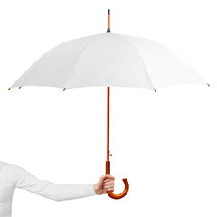Hand hold white open umbrella isolated on white background. Woman holding umbrella on white...