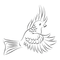 Black and white illustration of flying dove