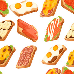Seamless pattern. Various icon collection of meat and vegetable sandwiches. One piece of bread. Sweet tasty breakfast or fast food. Flat vector illustration on white background
