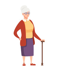 Senior Woman in casual clothes. Old women with cane and glasses. Grandmother standing. Cartoon character design. Flat vector illustration isolated on white background