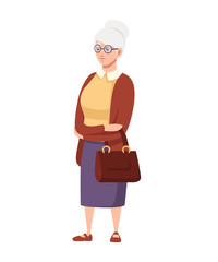 Senior Woman in casual clothes. Old women with bag and glasses. Grandmother standing. Cartoon character design. Flat vector illustration isolated on white background