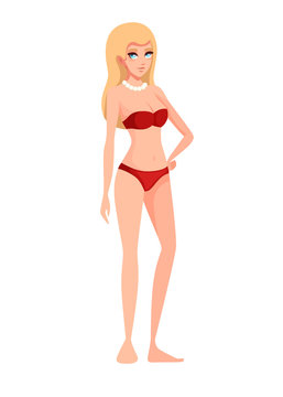 Beautiful women wearing red modern style swimsuit and white beads necklace. Cartoon character design. Flat vector illustration isolated on white background