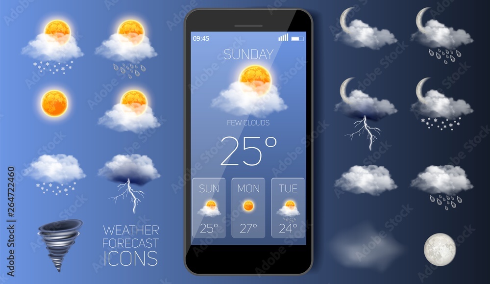 Wall mural weather forecast widget app vector realistic application