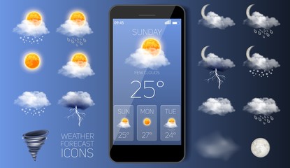 Weather forecast widget app vector realistic application - obrazy, fototapety, plakaty