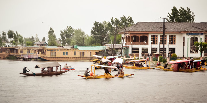 Dal Lake Jammu Kashmir, India May 2018 - Dal lake called Srinagar's Jewel for tourism recreation center. It is a wetland floating Mughal gardens divide four basins Gagribal, Lokut Dal, Bod Dal, Nigeen - Powered by Adobe