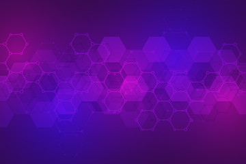 Abstract background of science and innovation technology. Technical background with hexagons pattern and molecular structures.