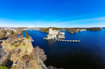 Beautiful aerial view of Olavinlinna, Olofsborg ancient fortress, the 15th-century medieval three -...