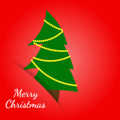 Naklejka premium Greeting christmas card in a minimalist flat style. Paper green Christmas tree hidden in the paper slot