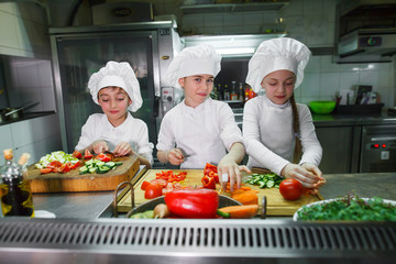 children cooking lunch in a restaurant kitchen.