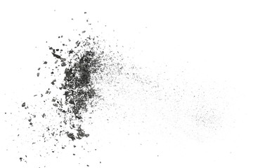 Obraz premium Black charcoal dust, gunpowder blast effect isolated on white background and texture, top view and clipping path