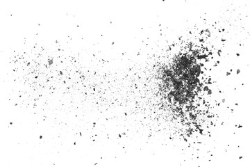Black charcoal dust, gunpowder blast effect isolated on white background and texture, top view and...