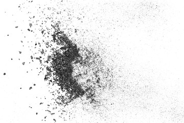 Black charcoal dust, gunpowder blast effect isolated on white background and texture, top view and clipping path