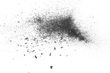Black charcoal dust, gunpowder blast effect isolated on white background and texture, top view and...