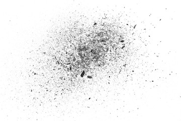 Black charcoal dust, gunpowder blast effect isolated on white background and texture, top view and...