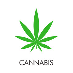 Logotipo abstracto con texto CANNABIS con hoja de marihuana en color verde