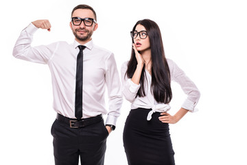 Business man show strong muscle power for shoked business woman isolated on white background. Success concept.