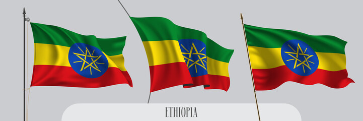 Set of Ethiopia waving flag on isolated background vector illustration