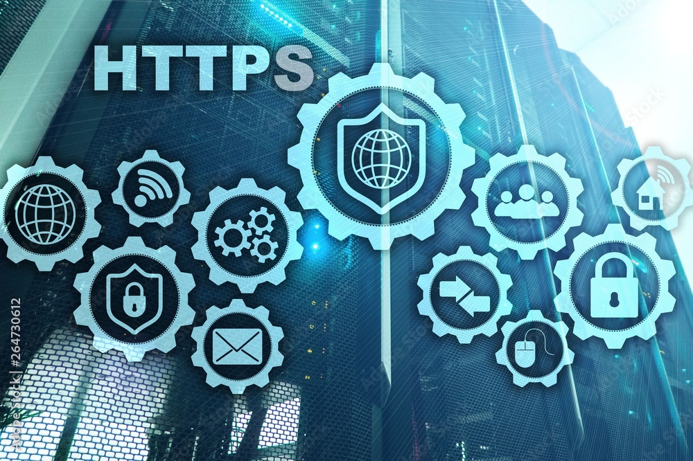 Poster https. hypertext transport protocol secure. technology concept on server room background. virtual ic