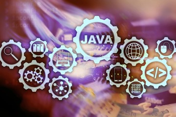  Java Programming concept. Virtual machine. On server room background.