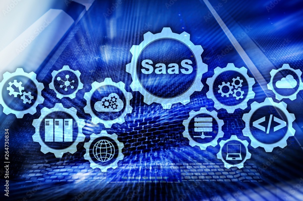 Poster software as a service saas. software concept. modern technology model on a virtual screen server roo