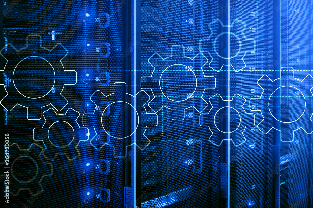Poster gears mechanism, digital transformation, data integration and digital technology concept.