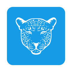Icono plano silueta cabeza de leopardo en cuadrado color azul © teracreonte