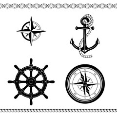 Set of nautical sketches. Anchor, ropes, compass, Rose of Wind, ship steering wheel, borders. Black and white colors. 