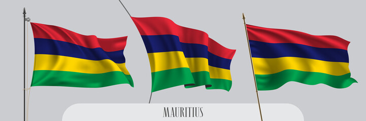 Set of Mauritius waving flag on isolated background vector illustration