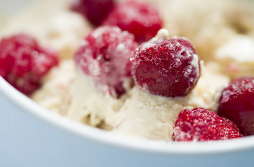  homemade ice cream with frozen cherry and raspberry .   healthy sweets concept