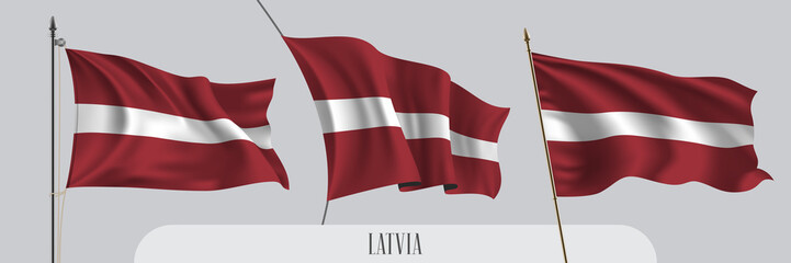 Set of Latvia waving flag on isolated background vector illustration